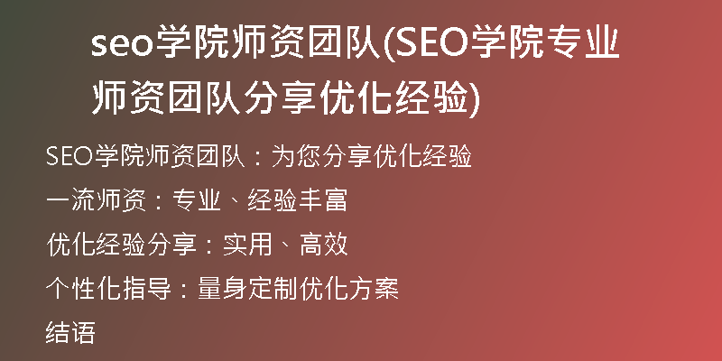 seo學(xué)院師資團隊(SEO學(xué)院專業(yè)師資團隊分享優(yōu)化經(jīng)驗)